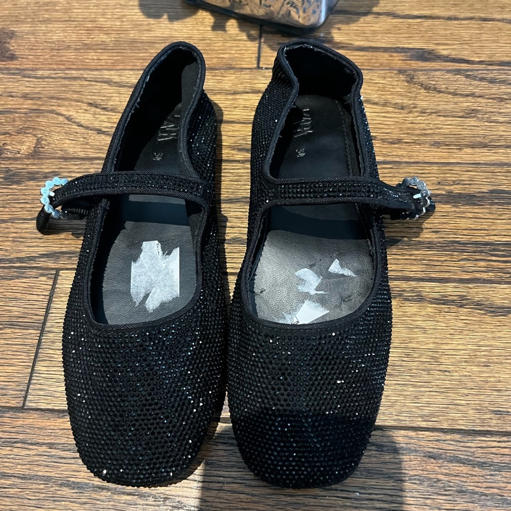 Zara Black Gem-Accented Mary Jane Flats